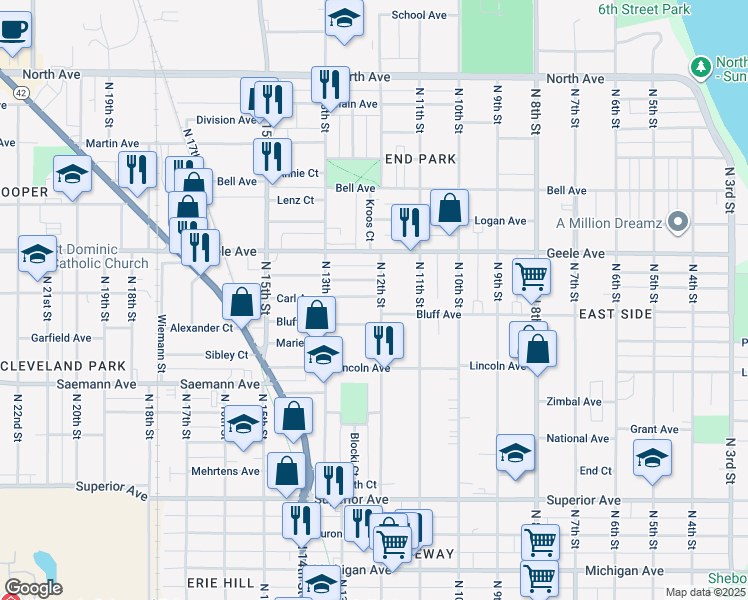 map of restaurants, bars, coffee shops, grocery stores, and more near 2024 North 12th Street in Sheboygan