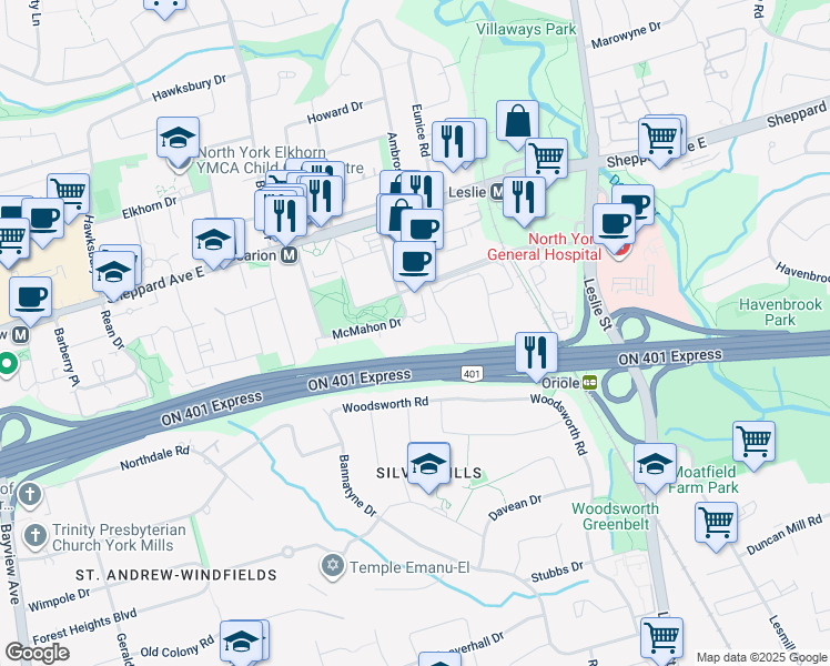 map of restaurants, bars, coffee shops, grocery stores, and more near 115 McMahon Drive in Toronto