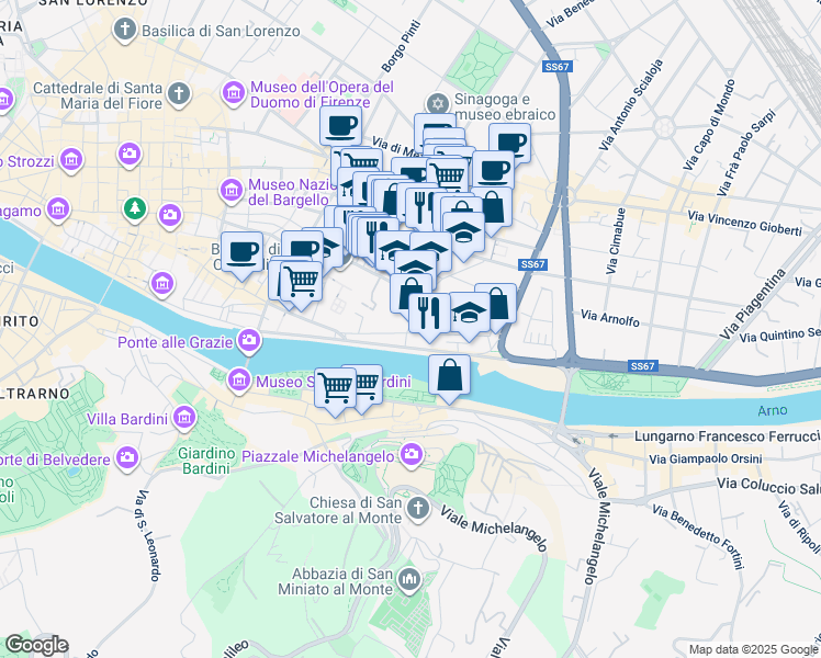 map of restaurants, bars, coffee shops, grocery stores, and more near 6 Via delle Casine in Firenze