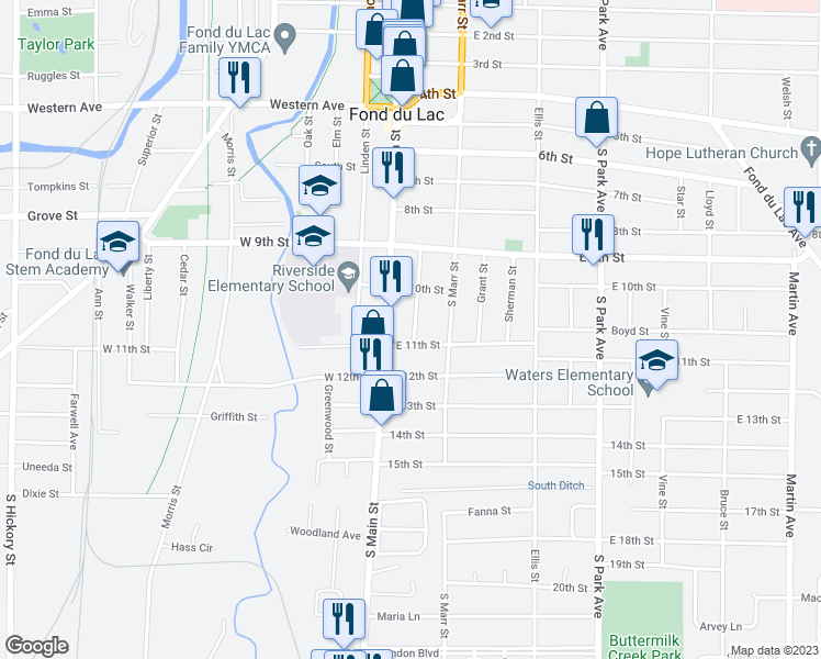 map of restaurants, bars, coffee shops, grocery stores, and more near 432 Center Street in Fond du Lac