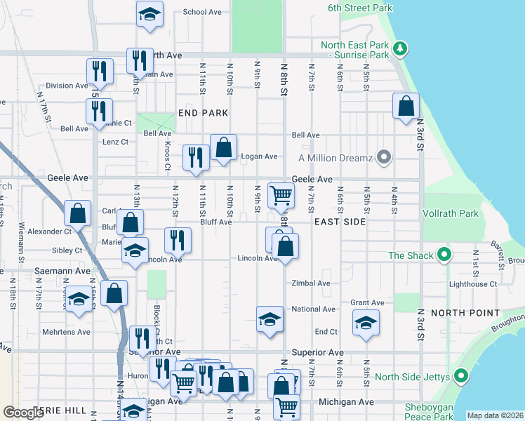 map of restaurants, bars, coffee shops, grocery stores, and more near 2015 North 9th Street in Sheboygan