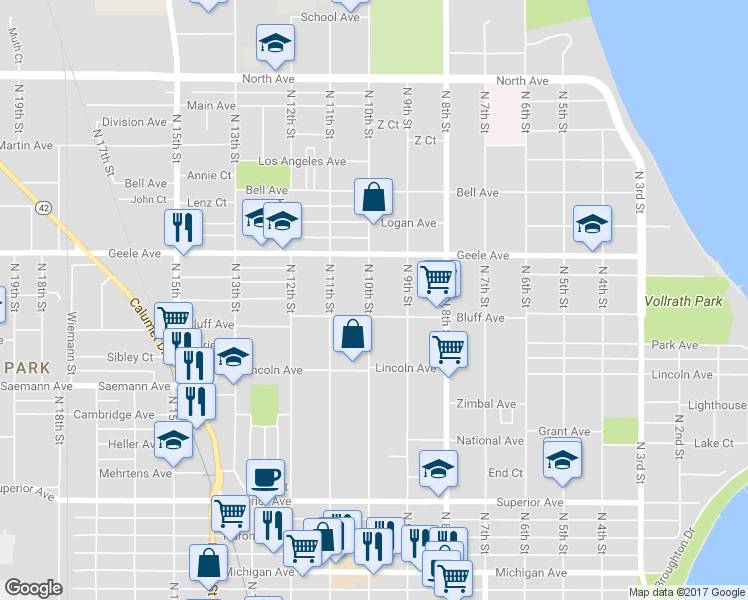 map of restaurants, bars, coffee shops, grocery stores, and more near 2013 N 10th St in Sheboygan