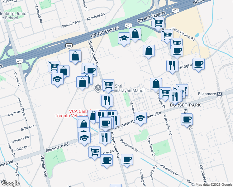 map of restaurants, bars, coffee shops, grocery stores, and more near 21 Florina Boulevard in Toronto