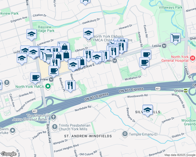 map of restaurants, bars, coffee shops, grocery stores, and more near 20 Caracas Road in Toronto