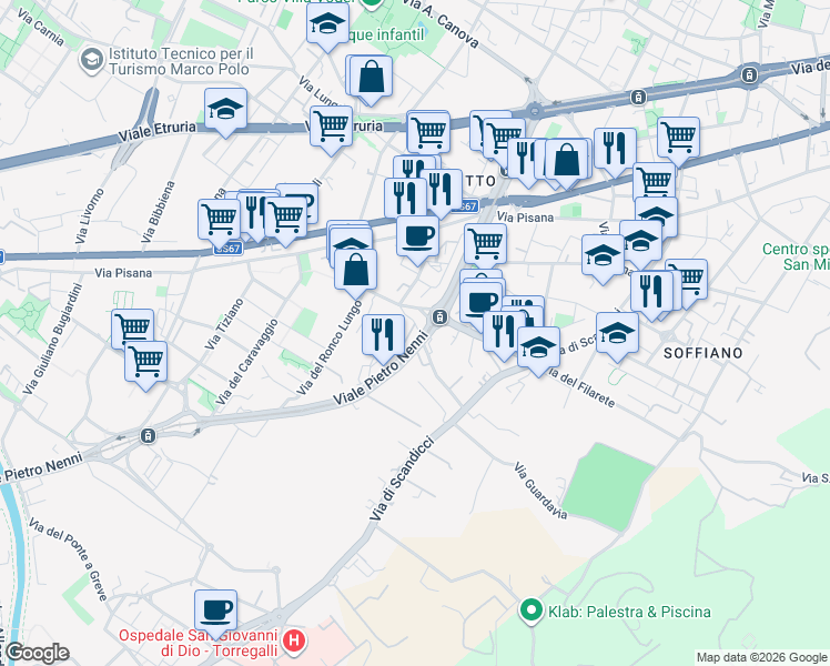 map of restaurants, bars, coffee shops, grocery stores, and more near 68 Via del Ronco Corto in Firenze