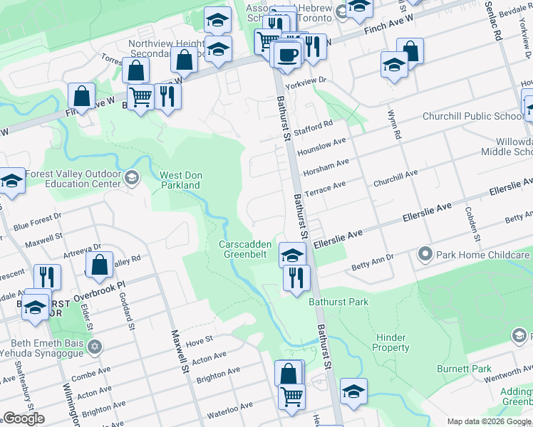 map of restaurants, bars, coffee shops, grocery stores, and more near 10 Hearthstone Crescent in Toronto
