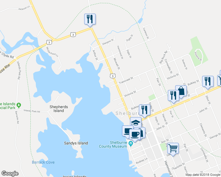 map of restaurants, bars, coffee shops, grocery stores, and more near 1 Transvaal Street in Shelburne