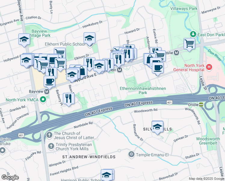 map of restaurants, bars, coffee shops, grocery stores, and more near 15 Talara Drive in Toronto
