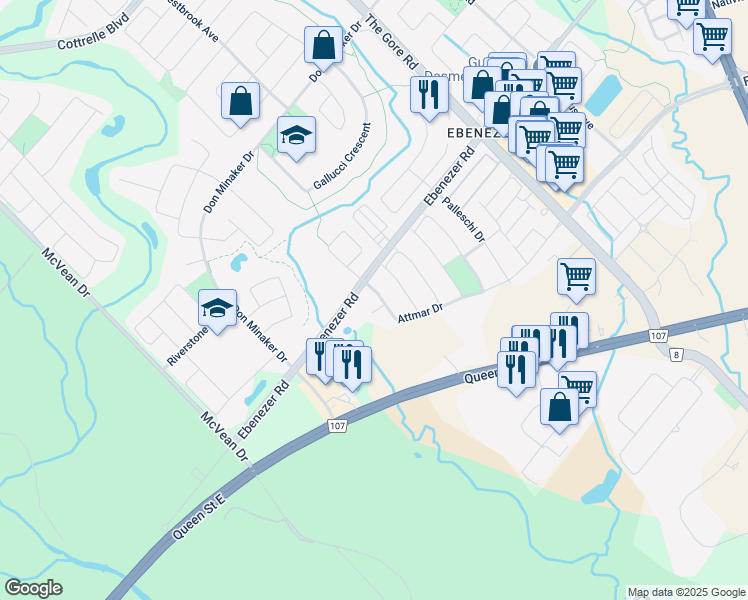 map of restaurants, bars, coffee shops, grocery stores, and more near 8 Attmar Drive in Brampton