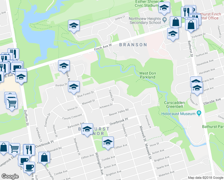 map of restaurants, bars, coffee shops, grocery stores, and more near in Toronto