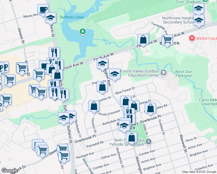 map of restaurants, bars, coffee shops, grocery stores, and more near in Toronto
