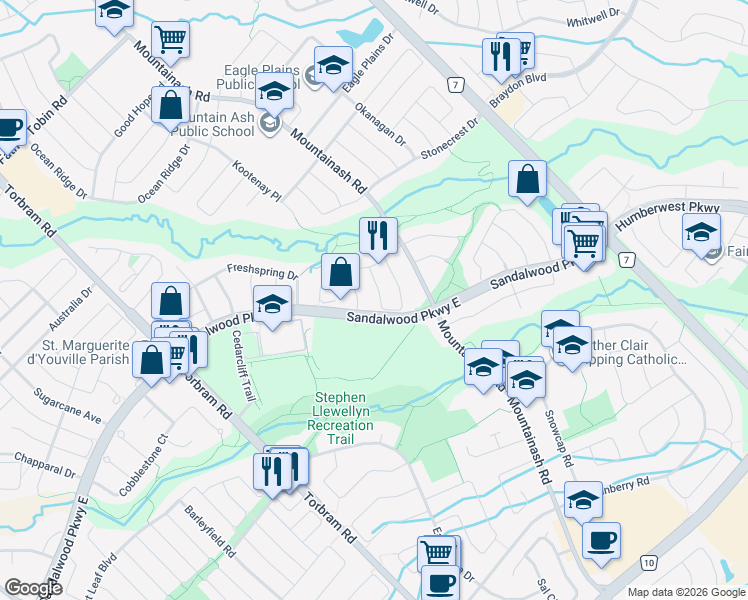 map of restaurants, bars, coffee shops, grocery stores, and more near 44 Trailhead Crescent in Brampton