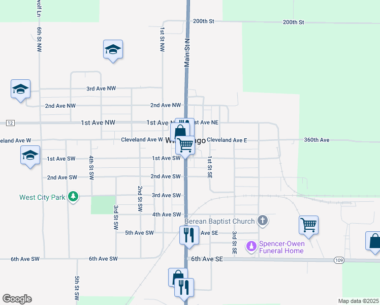 map of restaurants, bars, coffee shops, grocery stores, and more near 34 South Main Street in Winnebago