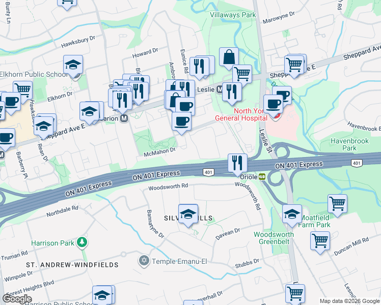 map of restaurants, bars, coffee shops, grocery stores, and more near 117 McMahon Drive in Toronto