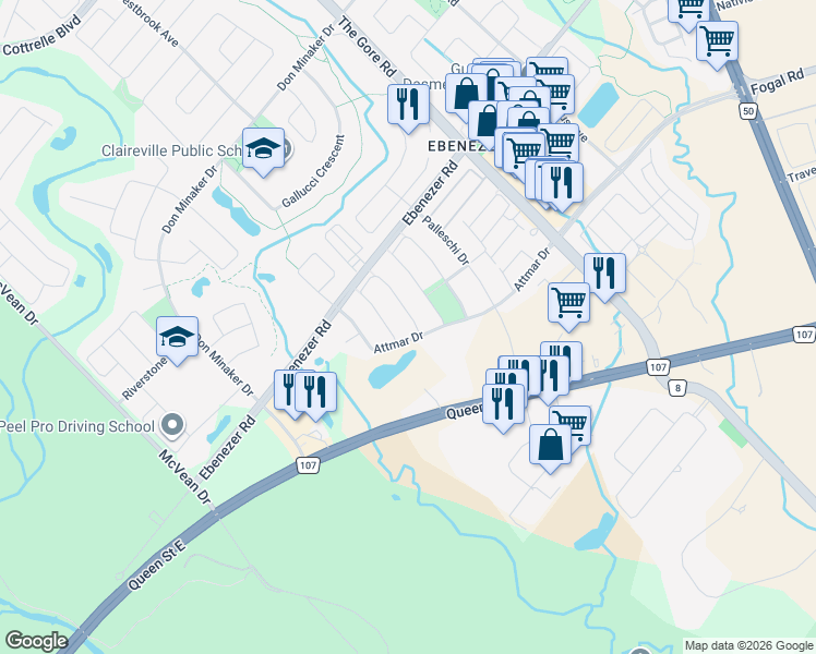 map of restaurants, bars, coffee shops, grocery stores, and more near 67 Attview Crescent in Brampton