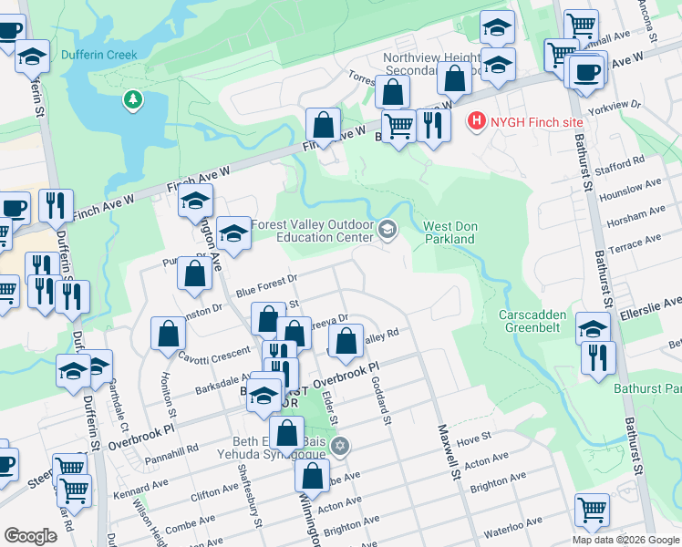 map of restaurants, bars, coffee shops, grocery stores, and more near 19 Candis Drive in Toronto