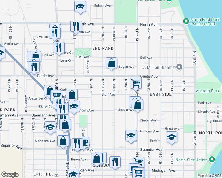 map of restaurants, bars, coffee shops, grocery stores, and more near 2018 North 10th Street in Sheboygan