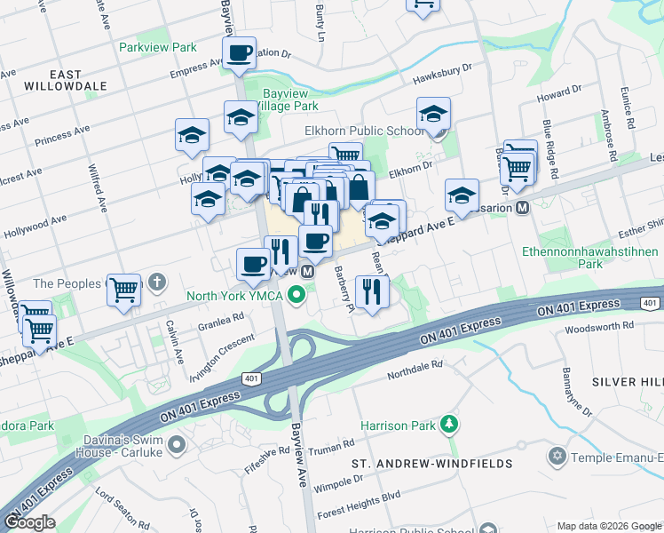 map of restaurants, bars, coffee shops, grocery stores, and more near 579 Sheppard Avenue East in Toronto