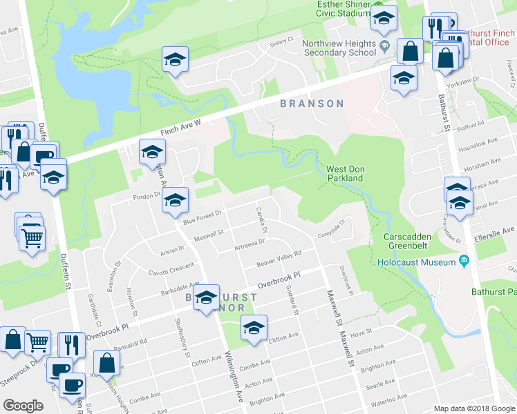 map of restaurants, bars, coffee shops, grocery stores, and more near 19 Candis Drive in Toronto