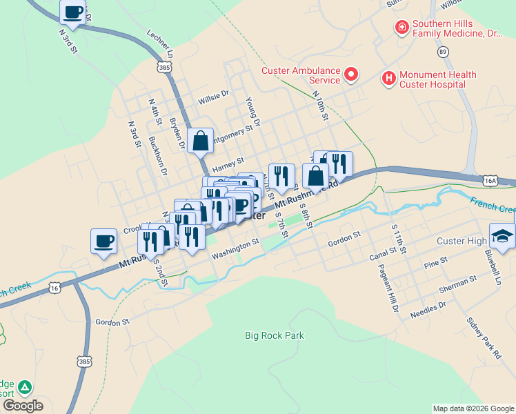 map of restaurants, bars, coffee shops, grocery stores, and more near in Custer