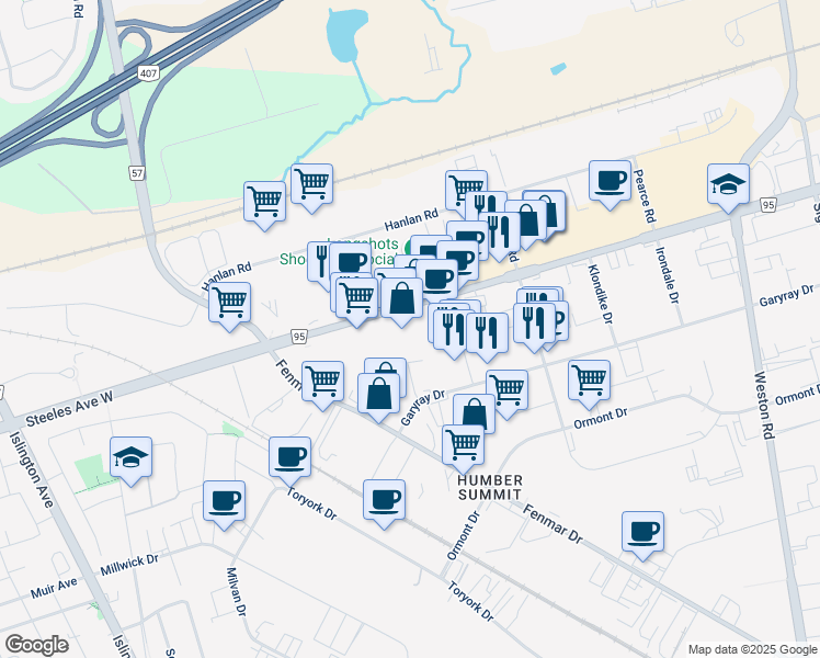 map of restaurants, bars, coffee shops, grocery stores, and more near 5511 Steeles Avenue West in Toronto