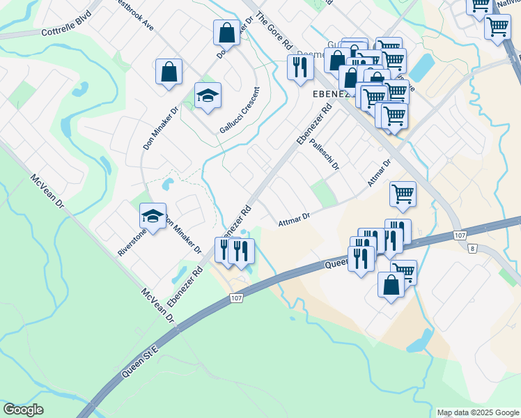 map of restaurants, bars, coffee shops, grocery stores, and more near 6 Attmar Drive in Brampton