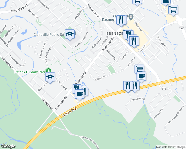 map of restaurants, bars, coffee shops, grocery stores, and more near 15 Attmar Drive in Brampton