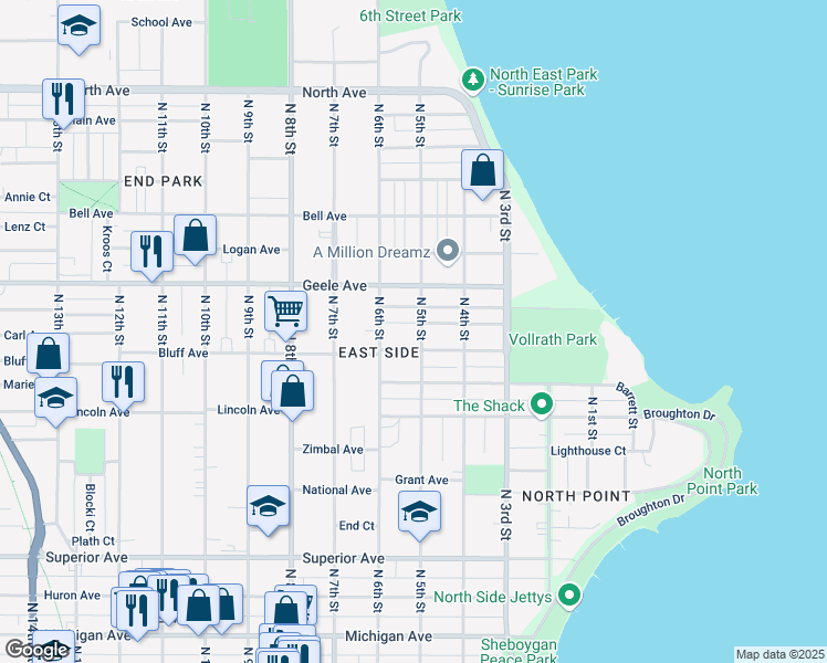 map of restaurants, bars, coffee shops, grocery stores, and more near 2016 North 5th Street in Sheboygan