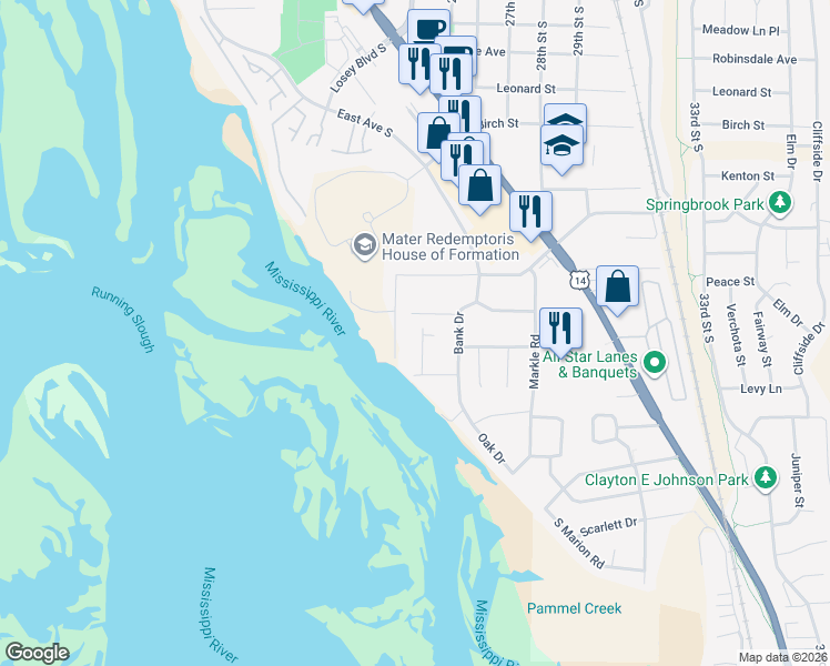 map of restaurants, bars, coffee shops, grocery stores, and more near 4110 Velmar Court in La Crosse