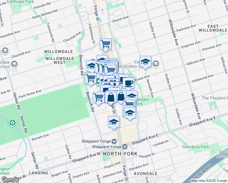 map of restaurants, bars, coffee shops, grocery stores, and more near 5051 Yonge Street in Toronto