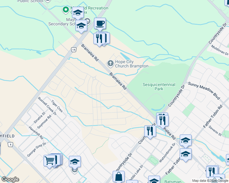 map of restaurants, bars, coffee shops, grocery stores, and more near 11532 Bramalea Road in Brampton