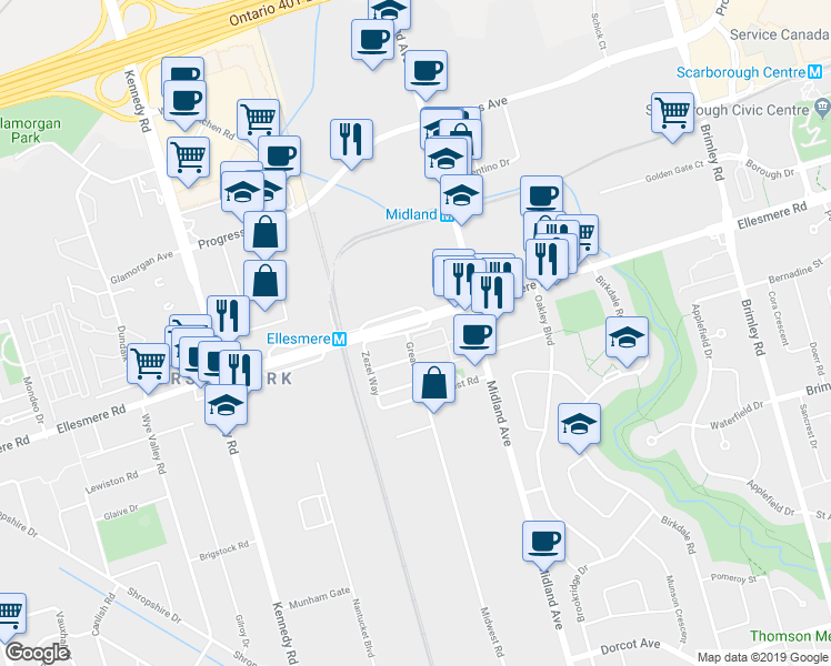 map of restaurants, bars, coffee shops, grocery stores, and more near 104 Annette Street in Toronto