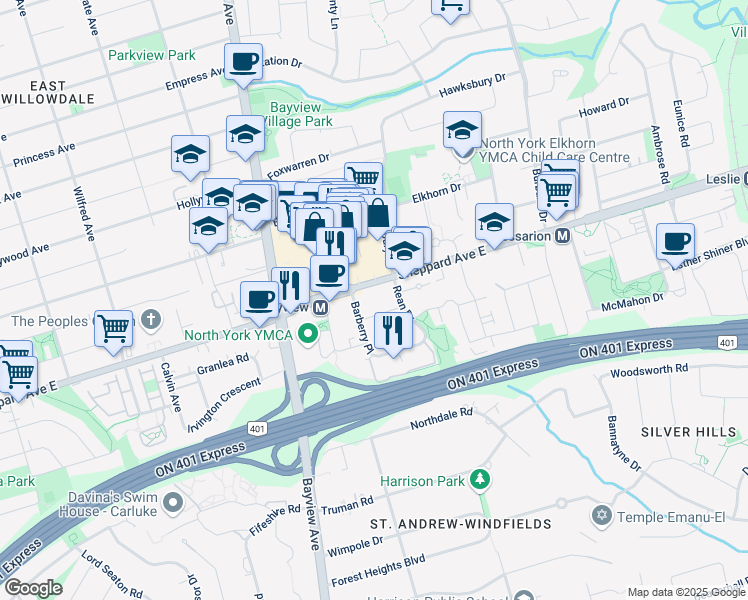 map of restaurants, bars, coffee shops, grocery stores, and more near in Toronto
