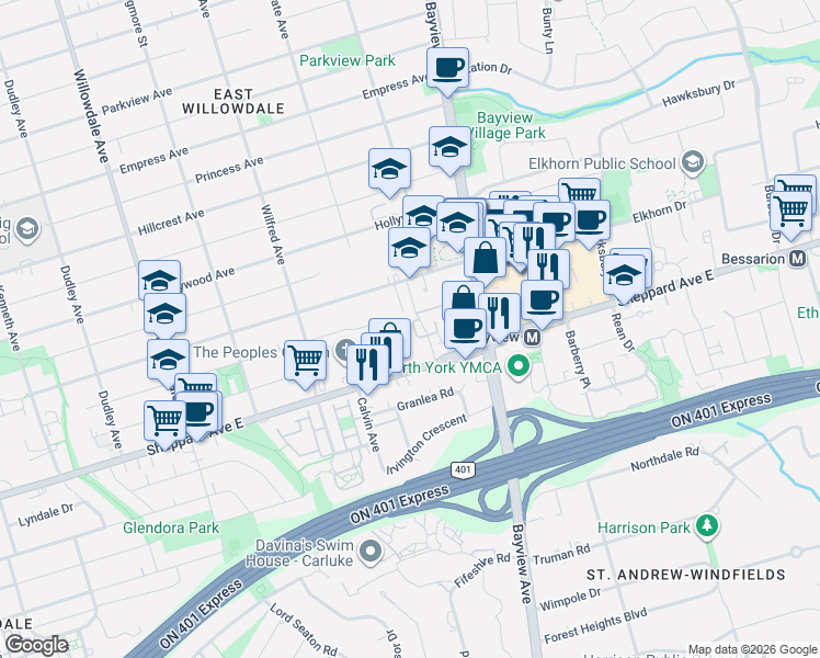 map of restaurants, bars, coffee shops, grocery stores, and more near 18 Espana Lane in Toronto