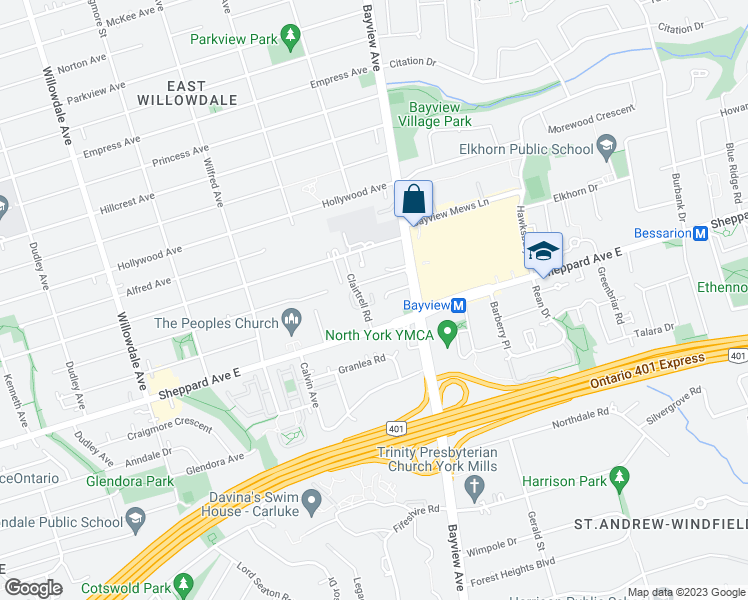 map of restaurants, bars, coffee shops, grocery stores, and more near 14 Espana Lane in Toronto