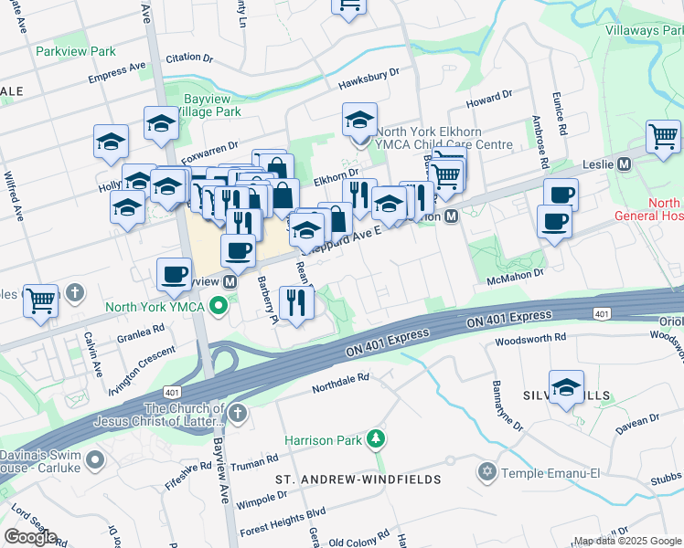 map of restaurants, bars, coffee shops, grocery stores, and more near 12 Dervock Crescent in Toronto