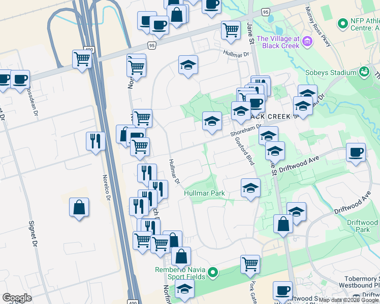 map of restaurants, bars, coffee shops, grocery stores, and more near 125 Shoreham Drive in Toronto
