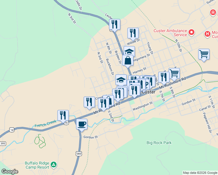 map of restaurants, bars, coffee shops, grocery stores, and more near 252-282 Harney Street in Custer