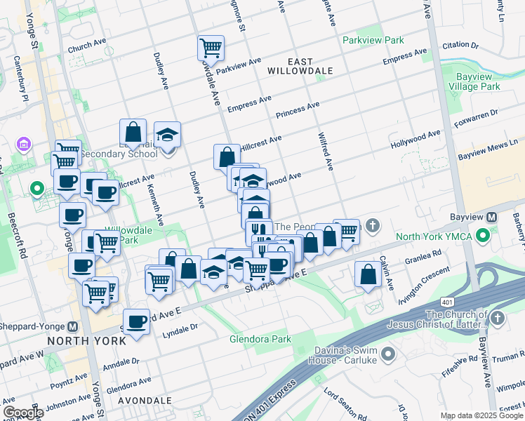 map of restaurants, bars, coffee shops, grocery stores, and more near 159 Alfred Avenue in Toronto