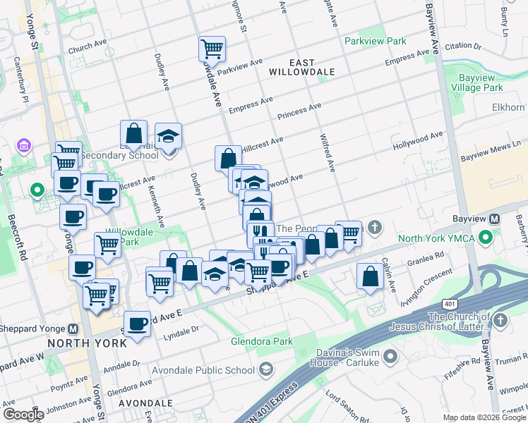map of restaurants, bars, coffee shops, grocery stores, and more near in Toronto