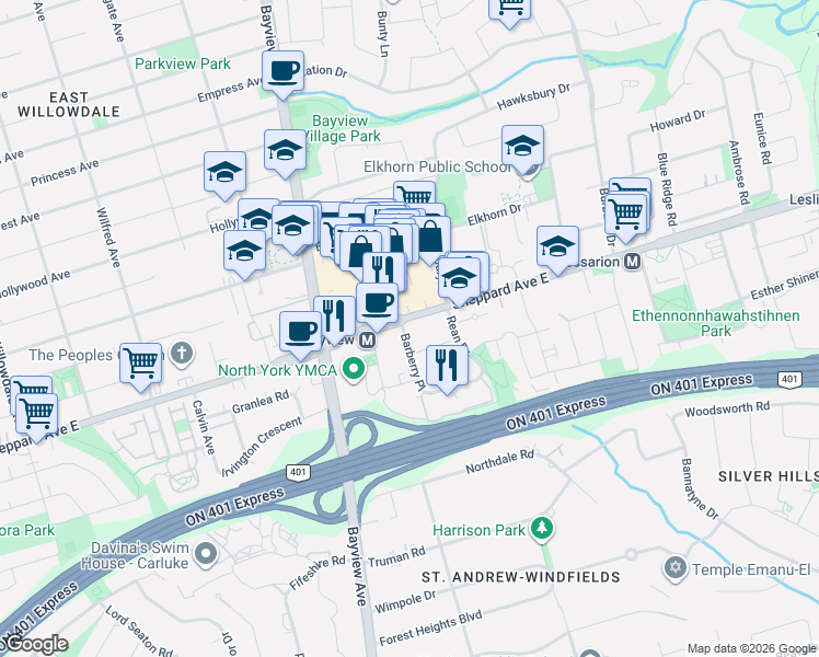 map of restaurants, bars, coffee shops, grocery stores, and more near 589 Sheppard Avenue East in Toronto