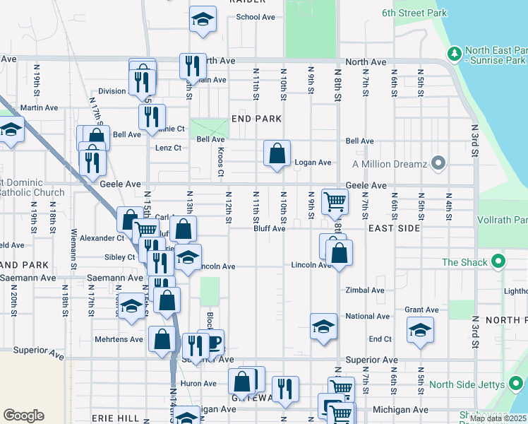 map of restaurants, bars, coffee shops, grocery stores, and more near 2018 North 10th Street in Sheboygan