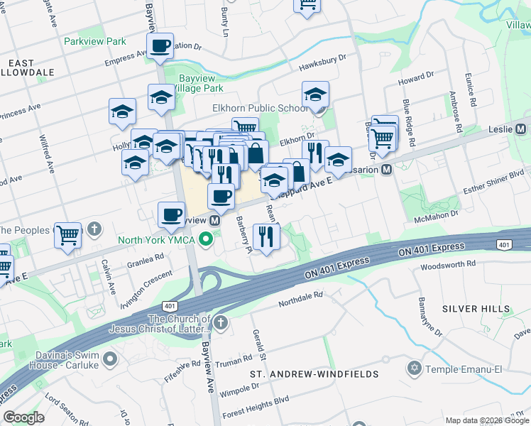 map of restaurants, bars, coffee shops, grocery stores, and more near 12 Rean Drive in Toronto