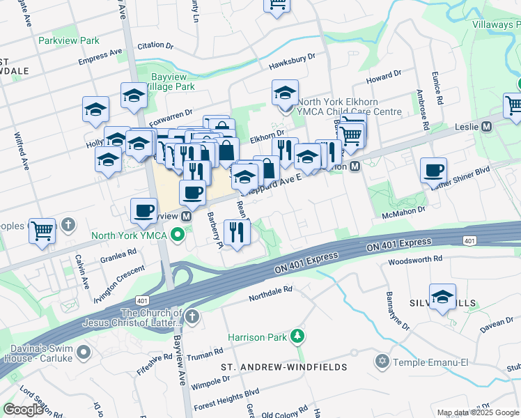 map of restaurants, bars, coffee shops, grocery stores, and more near in Toronto