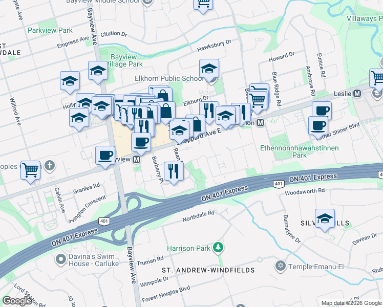 map of restaurants, bars, coffee shops, grocery stores, and more near 23 Rean Drive in Toronto