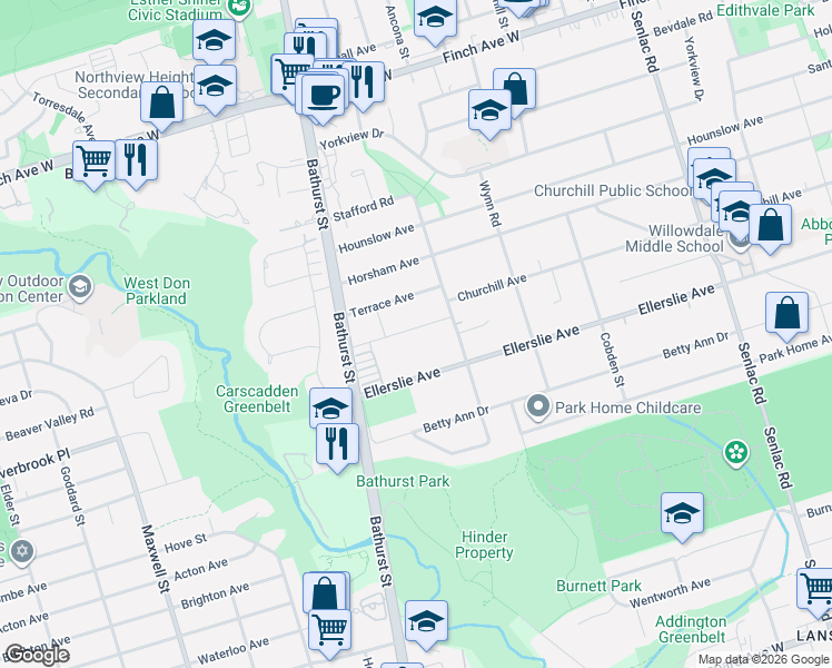 map of restaurants, bars, coffee shops, grocery stores, and more near 21 Farrell Avenue in Toronto
