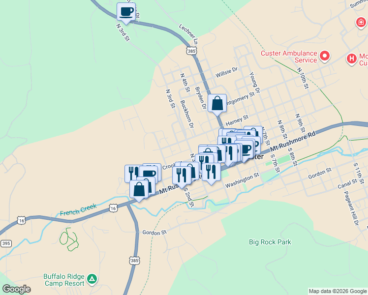 map of restaurants, bars, coffee shops, grocery stores, and more near 141 North 3rd Street in Custer