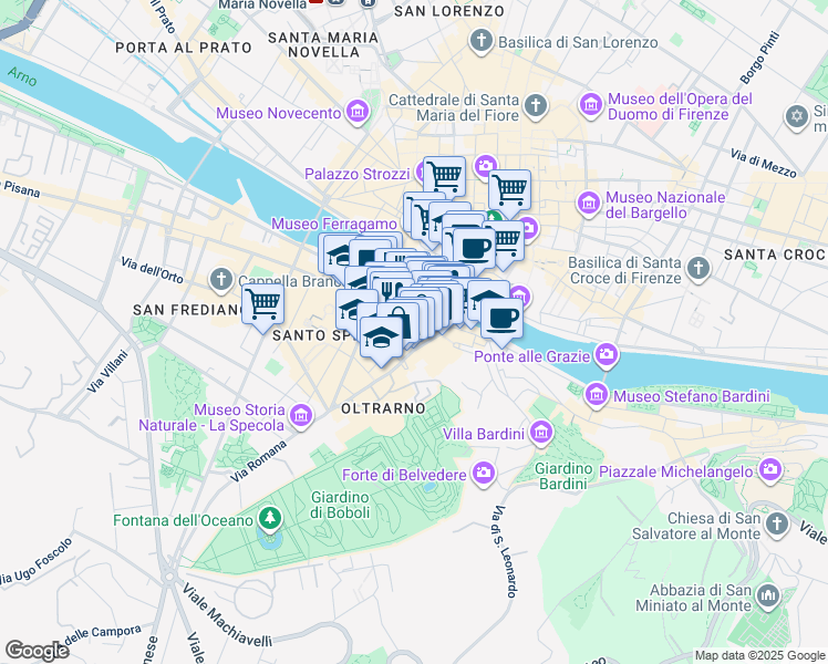 map of restaurants, bars, coffee shops, grocery stores, and more near 43R Via Guicciardini in Firenze