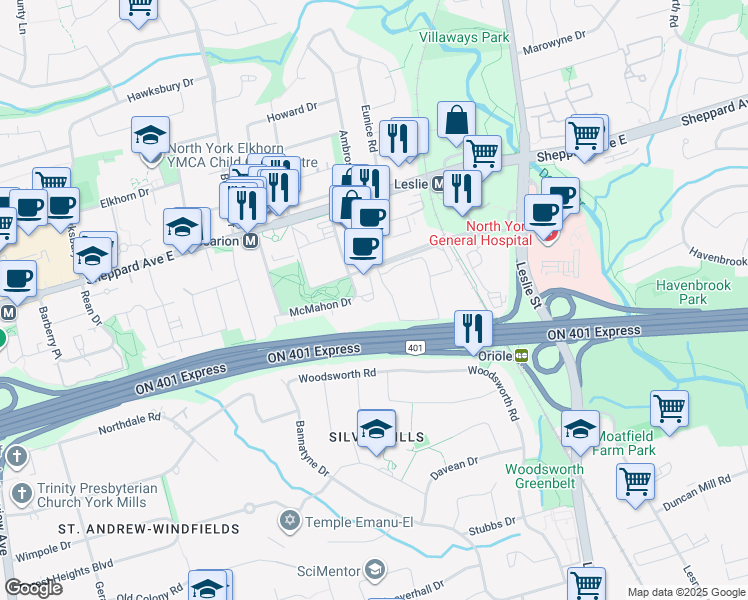 map of restaurants, bars, coffee shops, grocery stores, and more near 117 McMahon Drive in Toronto