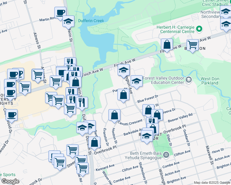 map of restaurants, bars, coffee shops, grocery stores, and more near 57 Purdon Drive in Toronto